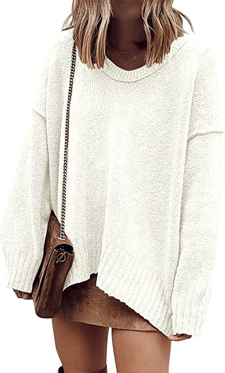 ANRABESS Women’s Casual Long Sleeve V Neck Off Shoulder Loose Baggy Comfy Knit Pullover Sweater... | Amazon (US)