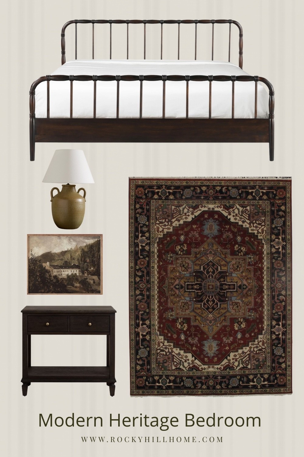 Create a bedroom that feels both curated and cozy with the Modern Heritage look. Combining a classic spindle bed frame with a rich, vintage Persian rug creates an instant sense of history. Add a lug handled lamp and moody landscape art for a grounded, high-end feel.

#lovewhereyoulive 

#LTKHome