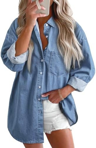 Astylish Women Denim Shirts Button Down Blouse V Neck Casual Tops | Amazon (US)