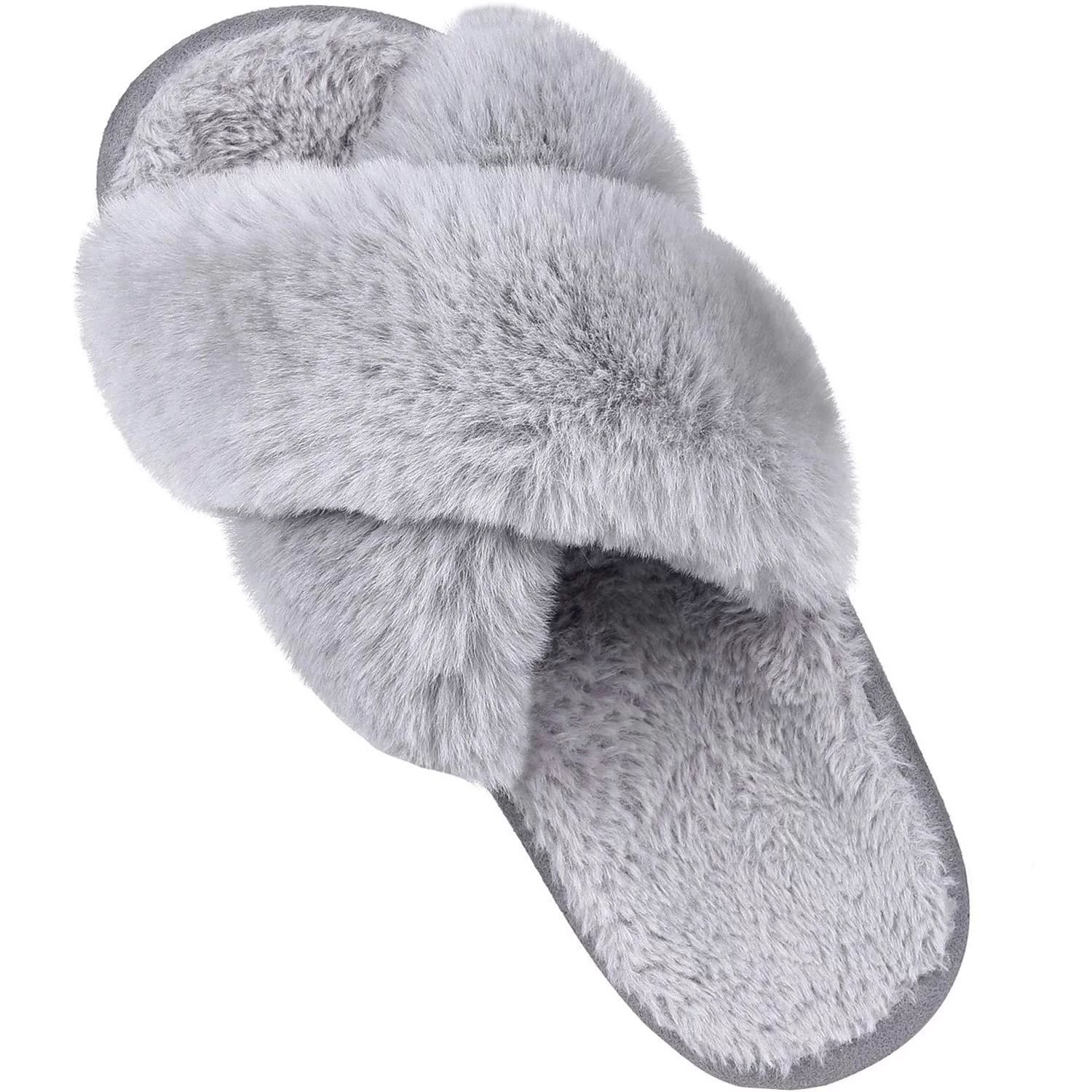 Litfun Women's Fuzzy Slippers Plush Cross Band Open Toe House Thick Sole Slippers, Grey, Size 8.5... | Walmart (US)