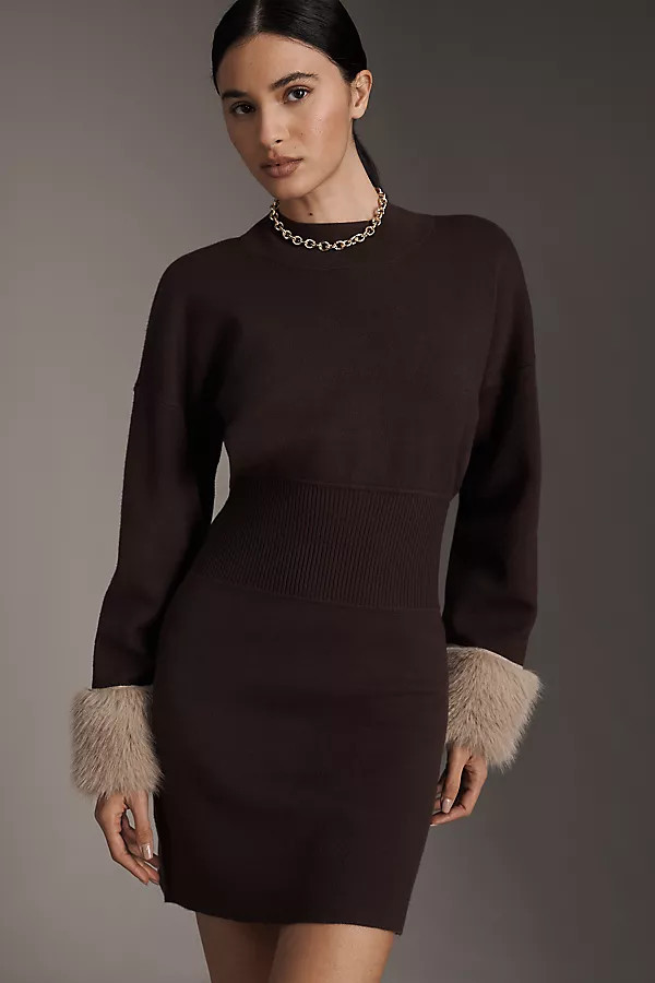 Long-Sleeve Faux Fur Trim Sweater Mini Dress | Anthropologie (US)