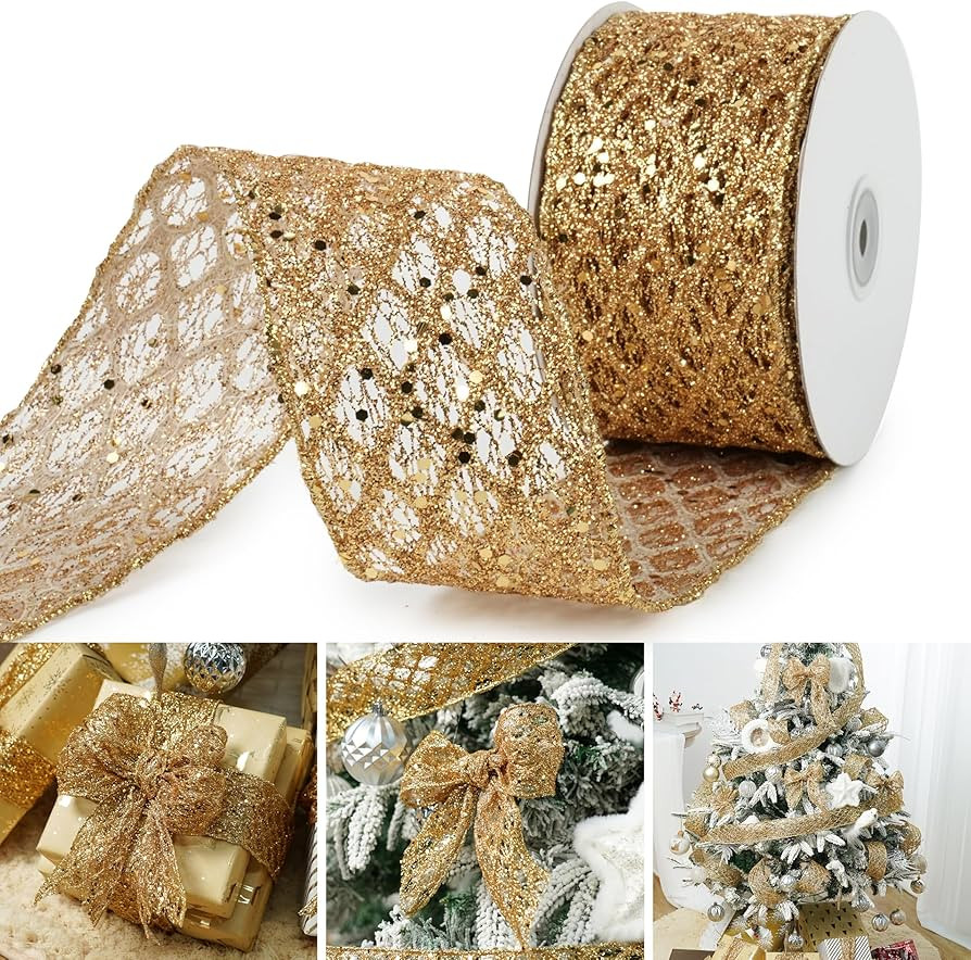 Mayreel Gold Glitter Diamond Mesh Wired Ribbon 2.5 Inch, Christmas Tree Ribbon Wired for Gift Wra... | Amazon (US)