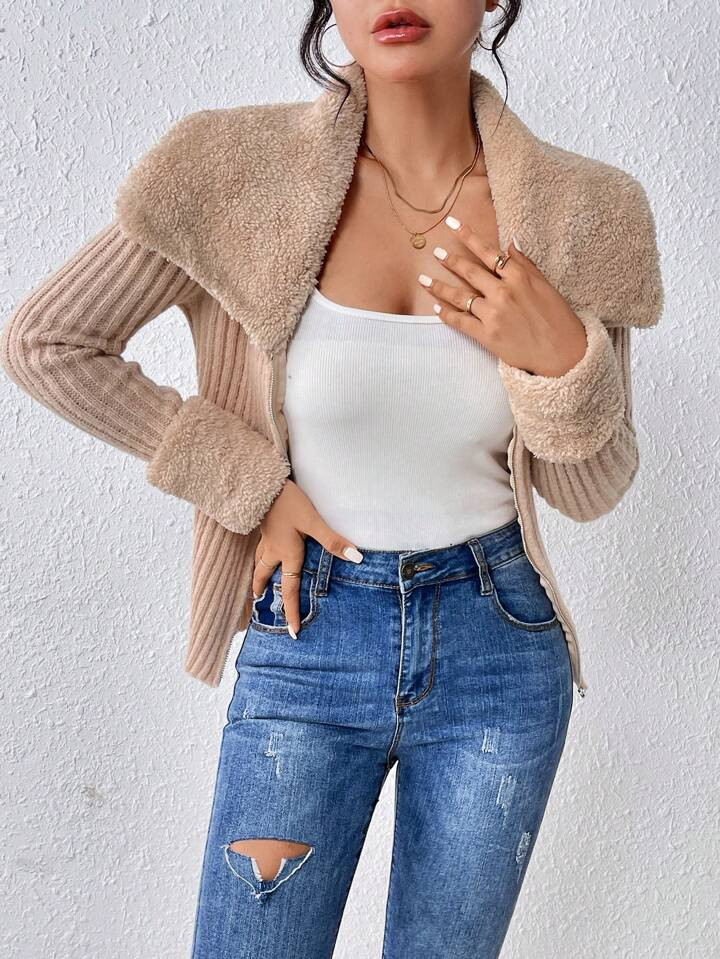 SHEIN Privé Women'S Ribbed Long Sleeve Cardigan With Oversized Lapel Collar | SHEIN