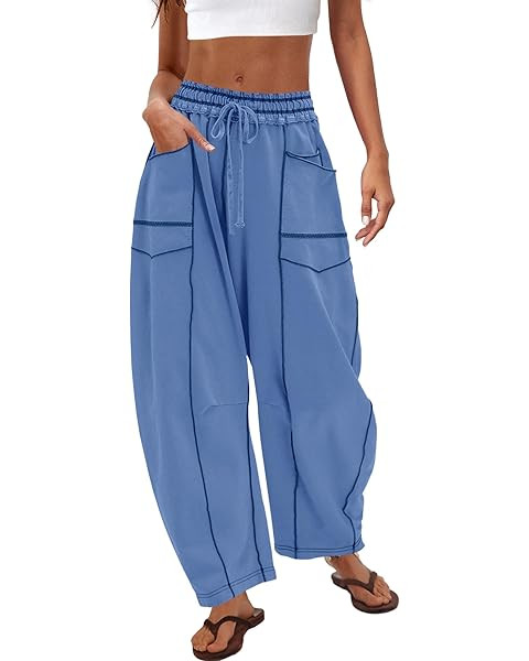 Amazon.com: Aoysky Womens Baggy Barrel Wide Leg Pants Casual Drawstring Elastic Waist Contrast St... | Amazon (US)