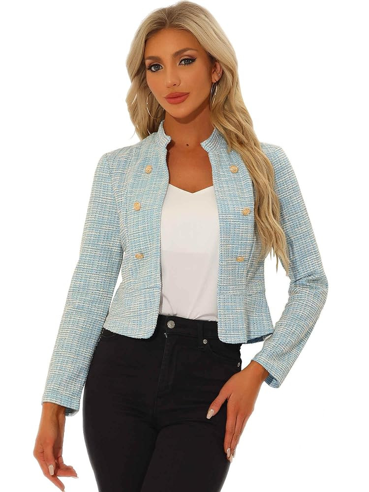 Allegra K Vintage Tweed Jackets for Women's Stand Collar Business Open Front Cropped Blazer Jacke... | Amazon (US)