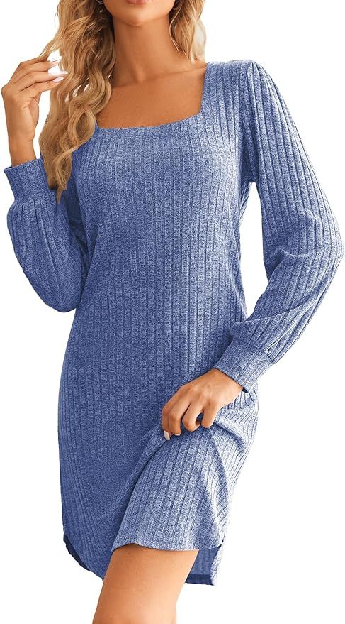 Ekouaer Womens Long Sleeve Nightgown Ribbed Knit Square Neck Loungewear Loose Fit Sleepwear Night... | Amazon (US)