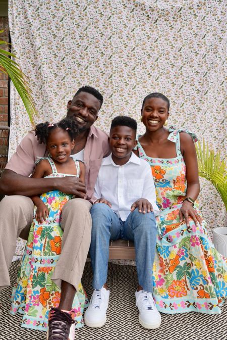 Spring outfits for family photos! Mommy and me floral dresses for the ladies, rose pink button up shirt with tan pants for dad and blue pants with a white button up shirt for our son  

#LTKfamily #LTKkids