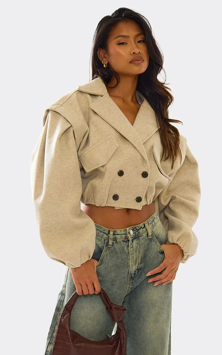 Long Sleeve Cinched Waist Cropped Wool Look Trench Jacket In Beige | EGO Shoes (US & Canada)