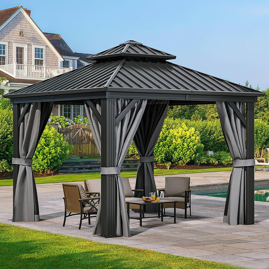 YITAHOME 10x10ft Hardtop Gazebo with Nettings and Curtains, Heavy Duty Double Roof Galvanized Ste... | Amazon (US)