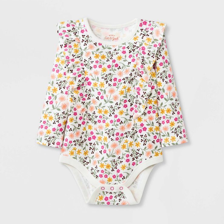 Baby Girls' Floral Ruffle Long Sleeve Bodysuit - Cat & Jack™ Cream | Target