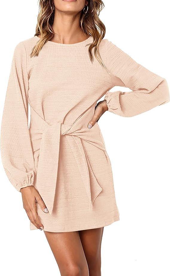 PRETTYGARDEN Womens Fall Elegant Long Lantern Sleeve Short Dress Wedding Guest Crewneck Tie Waist... | Amazon (US)