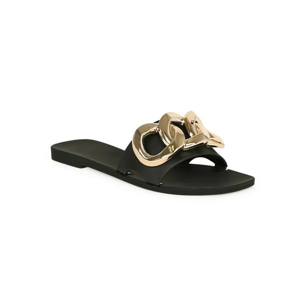 HeartThentic Square Toe Chunky Gold Tone Chain Adorned Flexible Slide Sandal (Black PVC, 7) - Wal... | Walmart (US)