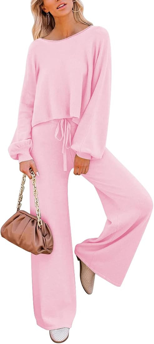 Ceuplon Women Knit Sweatsuit Round Neck Sweater Top Wide Leg Pants 2 Piece Outfits | Amazon (US)