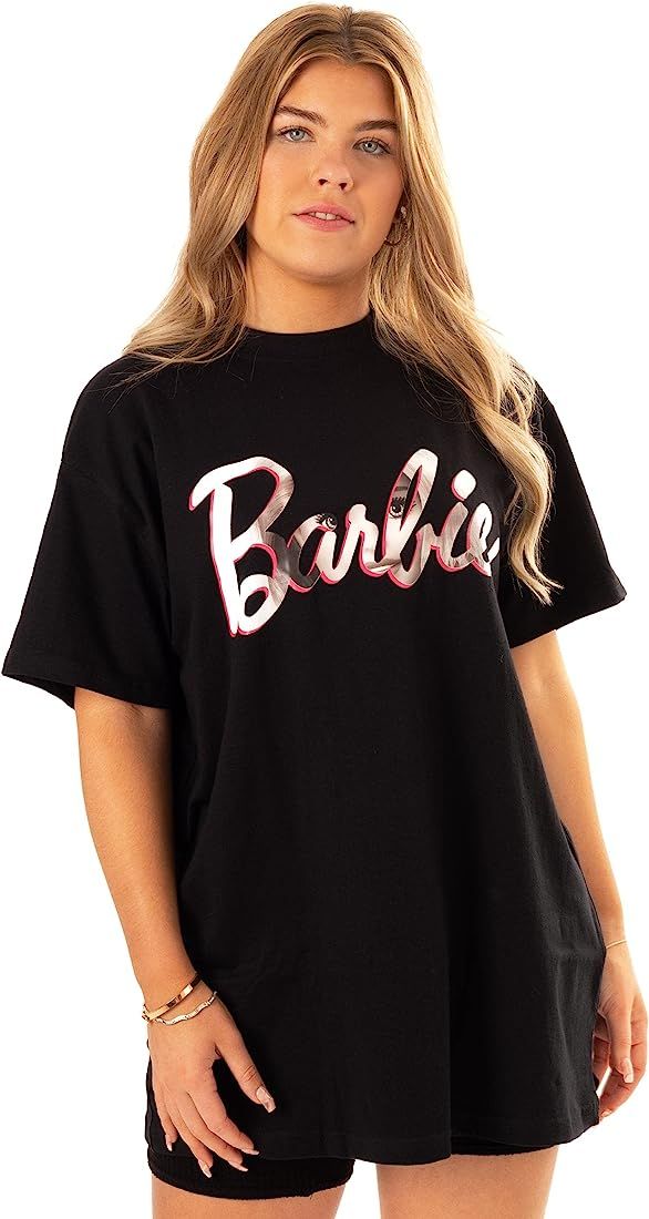 Barbie Oversized T-Shirt Womens Ladies Doll Logo Black Top Clothes | Amazon (US)