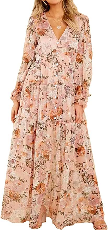 Women's Long Sleeve Floral Maxi Dress V-Neck Casual Long Dresses Party Maxi Dress | Amazon (US)