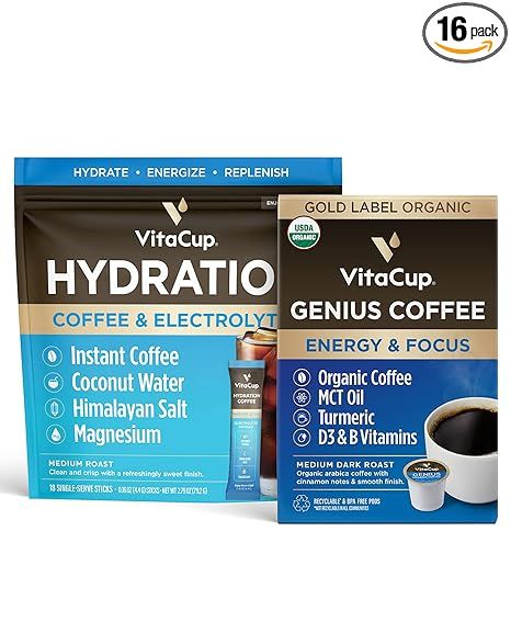 VitaCup Hydration Instant Coffee Sticks w/Electrolytes, Coconut Water, Medium Roast 18ct & Genius... | Amazon (US)