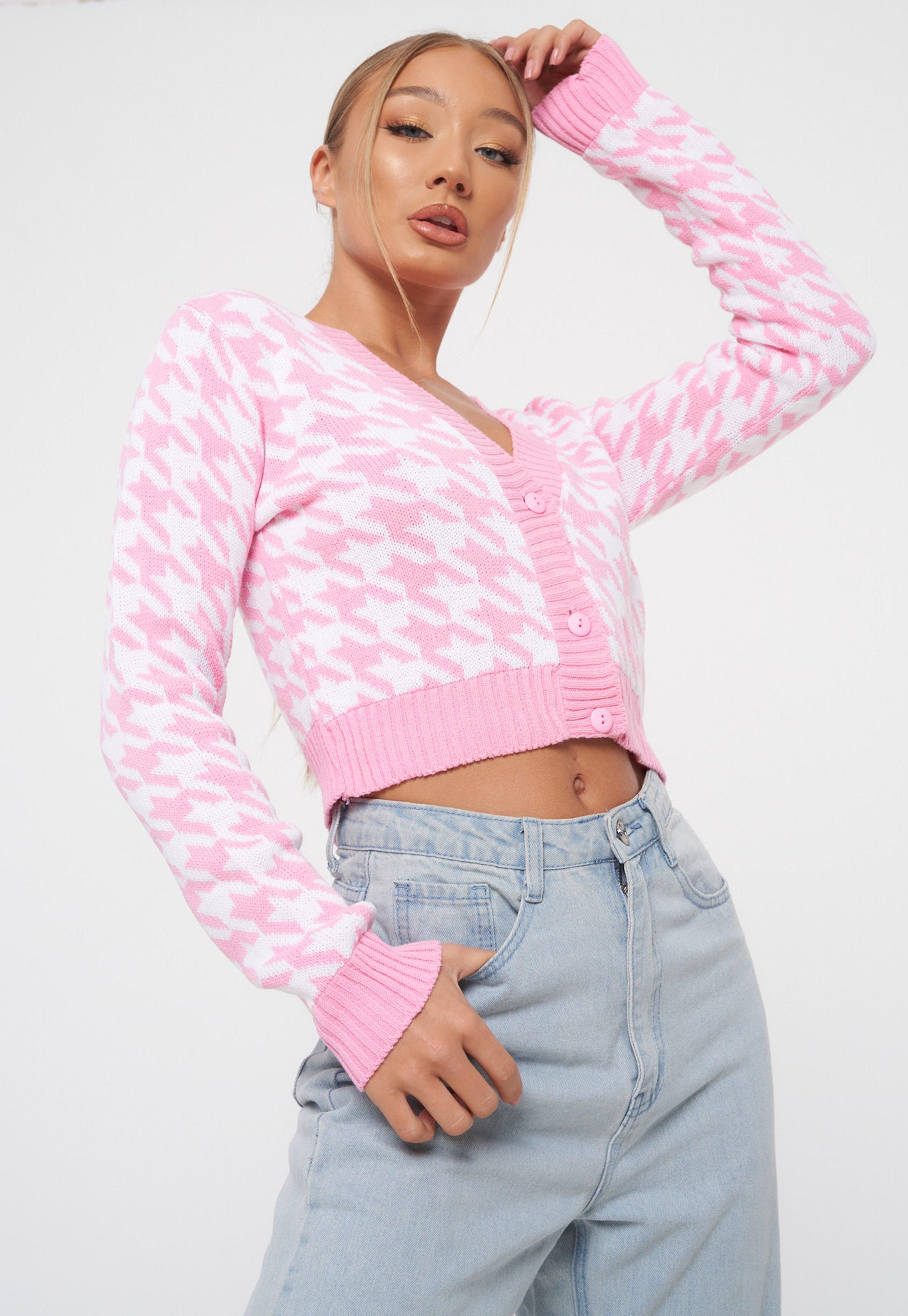 Pink Houndstooth Knit Cropped Cardigan | Missguided (US & CA)
