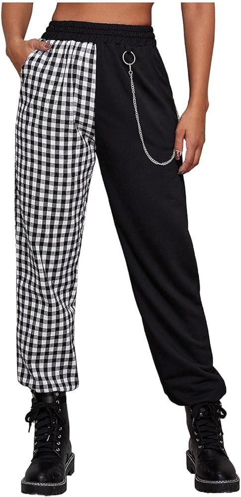 Women Baggy Y2k Straight Leg Cargo Pants Punk Pockets High Waist Chain Casual Plaid Trousers Pant... | Amazon (US)