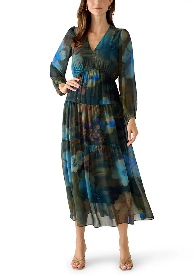 Women's Long Sleeve Printed Chiffon Tiered Maxi Dress | Belk