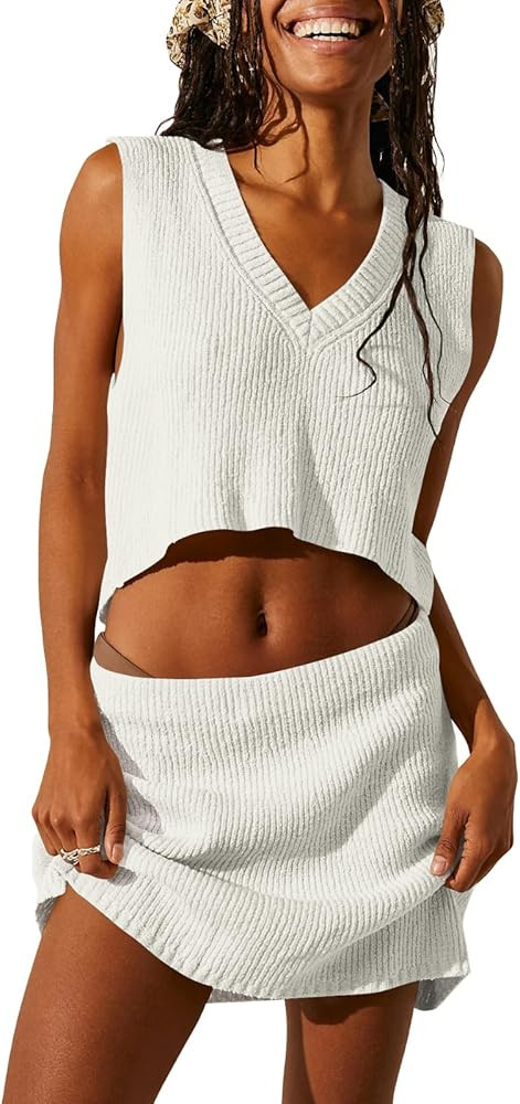 Tankaneo Women 2 Piece Outfits Sexy Sleeveless Crop Tank Tops and Low Waist Mini Skirt Sets Y2K S... | Amazon (US)