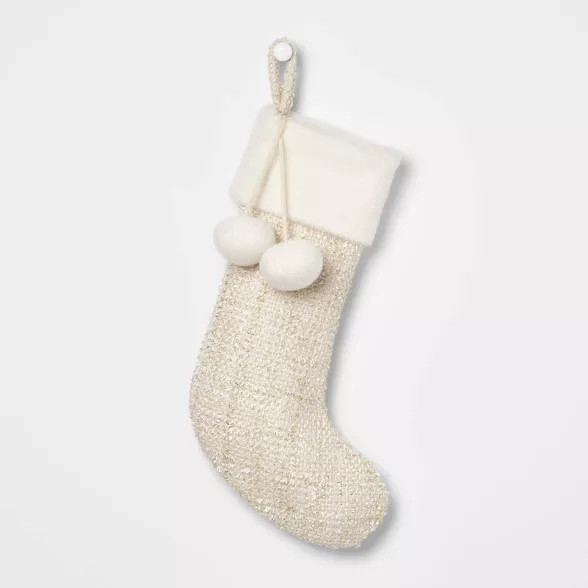 Metallic Tweed Christmas Stocking Ivory/Gold with Faux Fur Cuff - Wondershop™ | Target