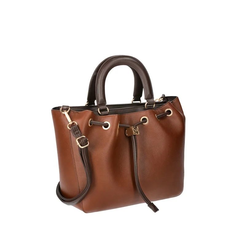 Time and Tru Women's Brynlee Faux Leather Drawstring Tote Handbag, Chestnut/Espresso - Walmart.co... | Walmart (US)