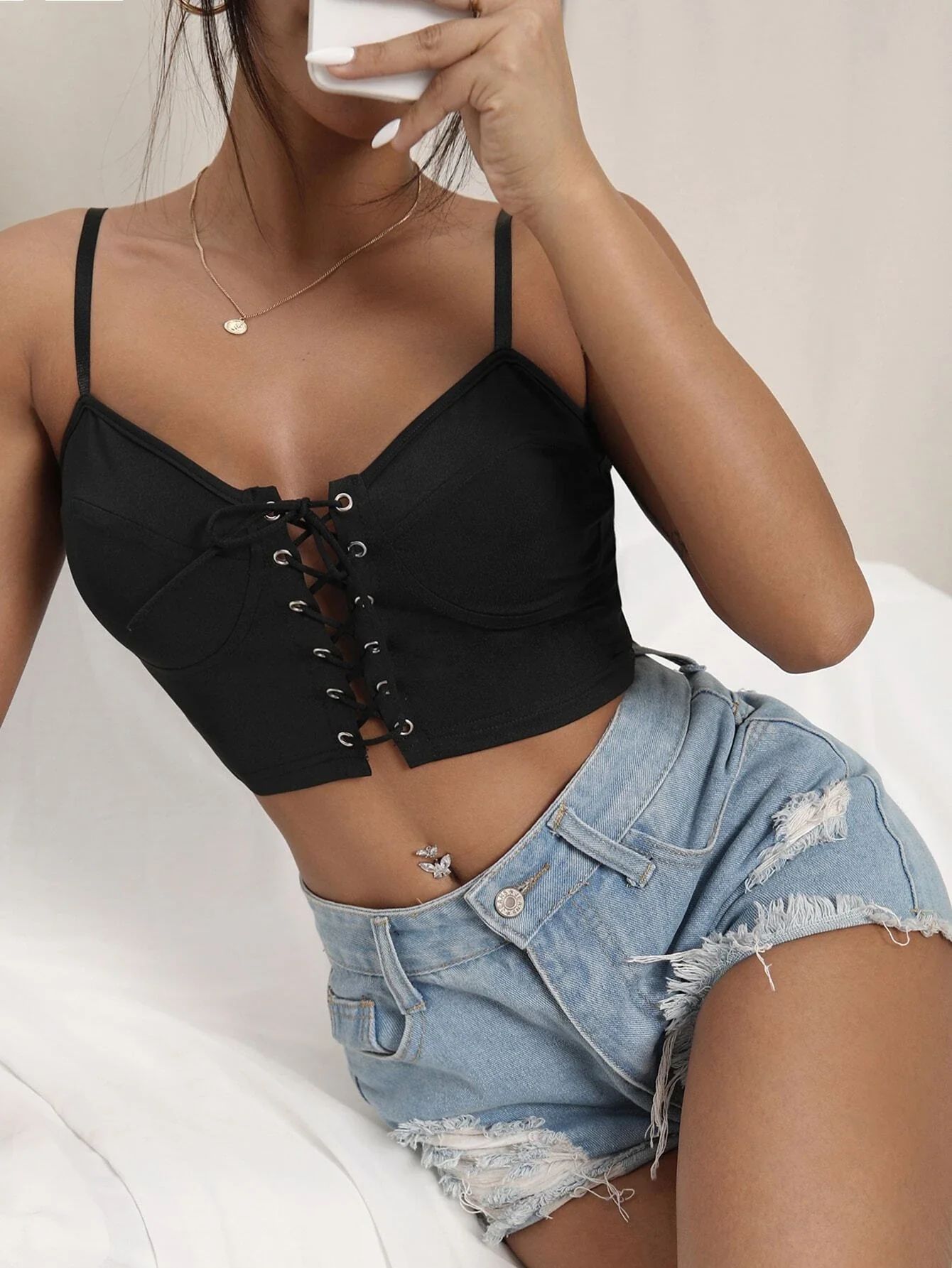 Grommet Lace Up Bustier Crop Cami Top (S / Black) | 1Sansome