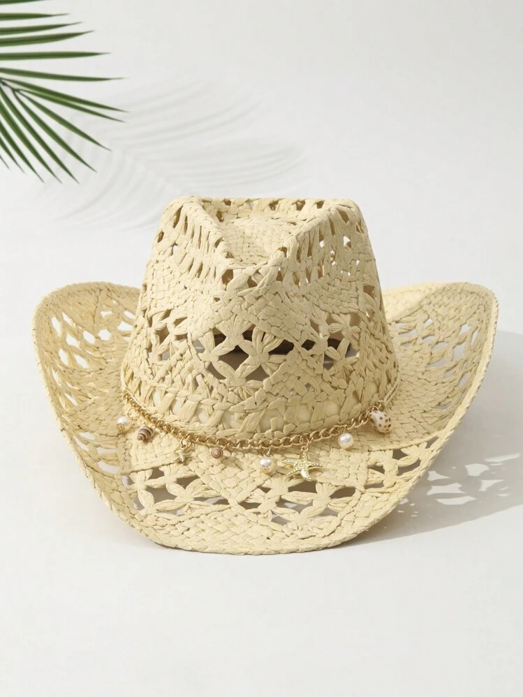 1pc Unisex Conch Decor Cowboy Hat Hollow Out Handmade Wide Brim Handmade Cowgirl Hat Casual Sun Hat Spring Summer Travel Shade Beach Hat Straw Hat | SHEIN
