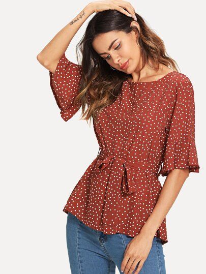 Tie Waist Ruffle Hem Dot Print Blouse | SHEIN