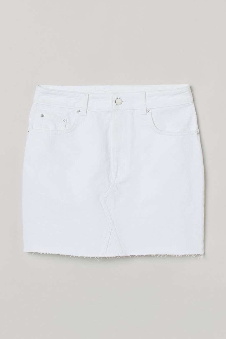 5-pocket skirt in washed cotton denim. Regular waist, zip fly with button, and raw-edge hem. | H&M (US + CA)