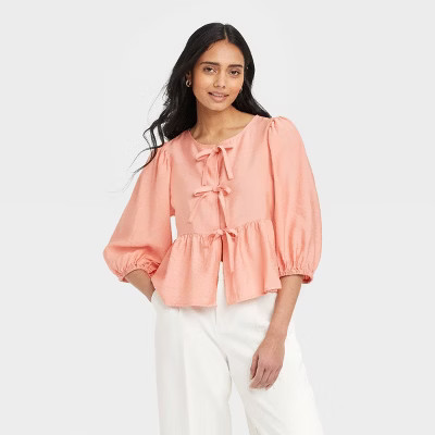 Women's Elbow Sleeve Peplum Tie-Front Blouse - A New Day™ Pink S | Target