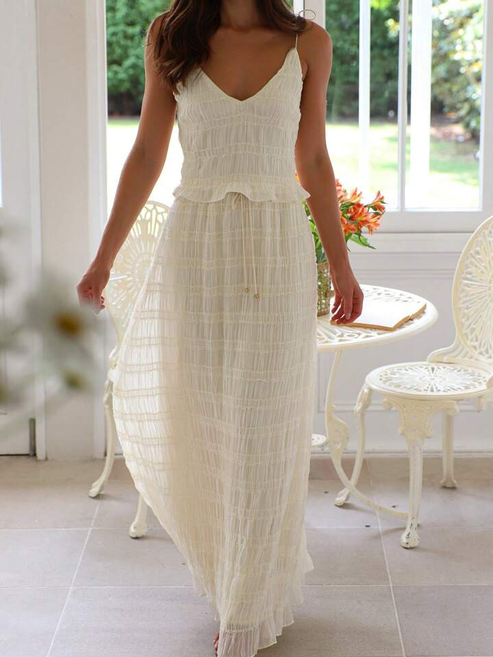 Women Skirt Set Shirred V Neck Tie Shoulder Cami Tops Drawstring Long Skirt 2 Piece Outfit | SHEIN