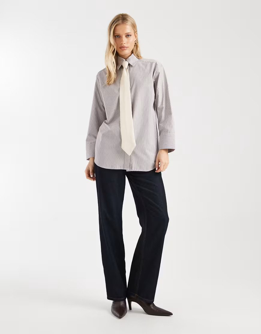 ASOS DESIGN oversized shoulder pad shirt with satin tie in brown stripe-Multi | ASOS (Global)