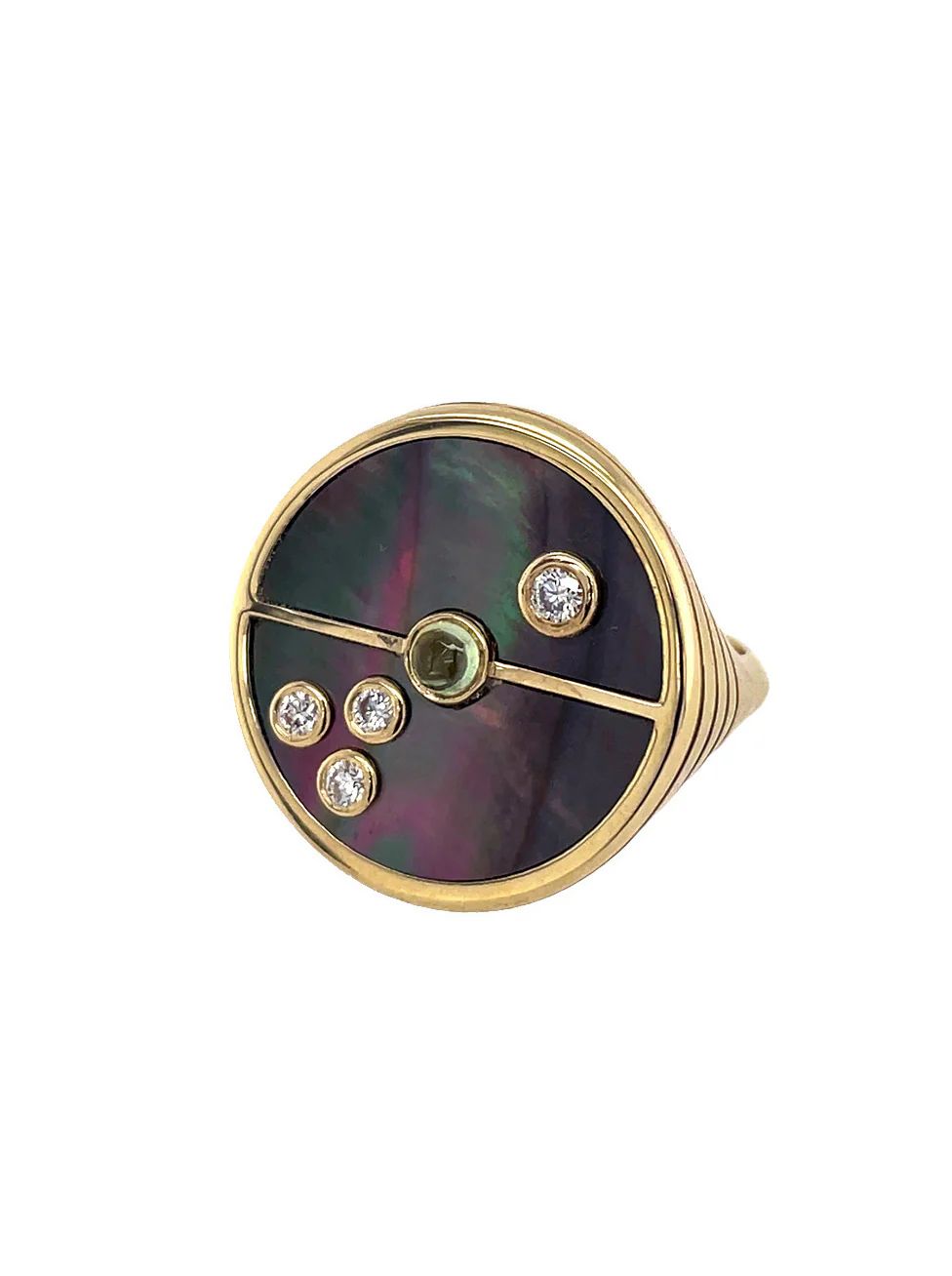 Dark Mother of Pearl and Mint Garnet Compass Yellow Gold Ring | YLANG 23