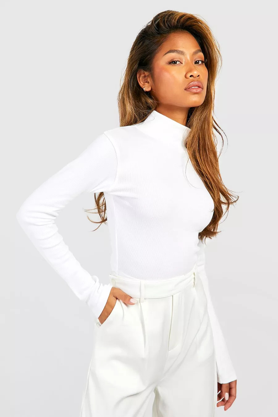 Basic Rib High Neck Long Sleeve Top | boohoo (US & Canada)