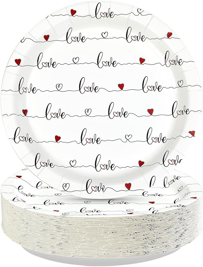 50Pcs Valentine's Day Paper Plates 9" Disposable Red Love Heart Paper Plates Red Hearts Dinner Pl... | Amazon (US)