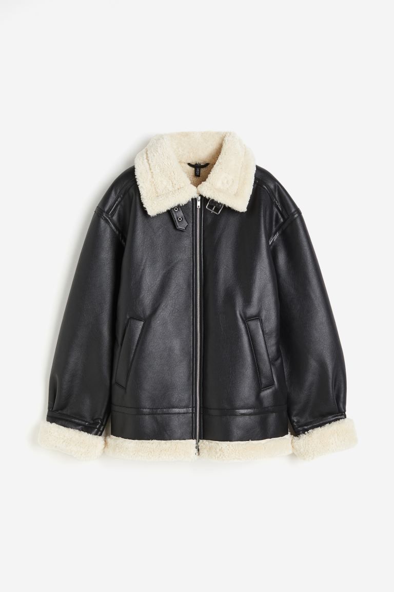 Oversized teddy-lined jacket - Black - Ladies | H&M GB | H&M (UK, MY, IN, SG, PH, TW, HK)