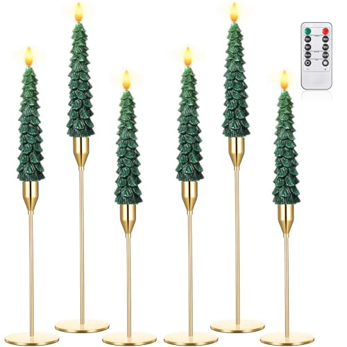 Honoson 6 Sets Flameless Christmas Tree Taper Candles with Candles Holders and Remote Control, LED Taper Candles Battery Operated Flickering Candlesticks for Holiday Window Fireplace Decor (Tall) | Amazon (US)