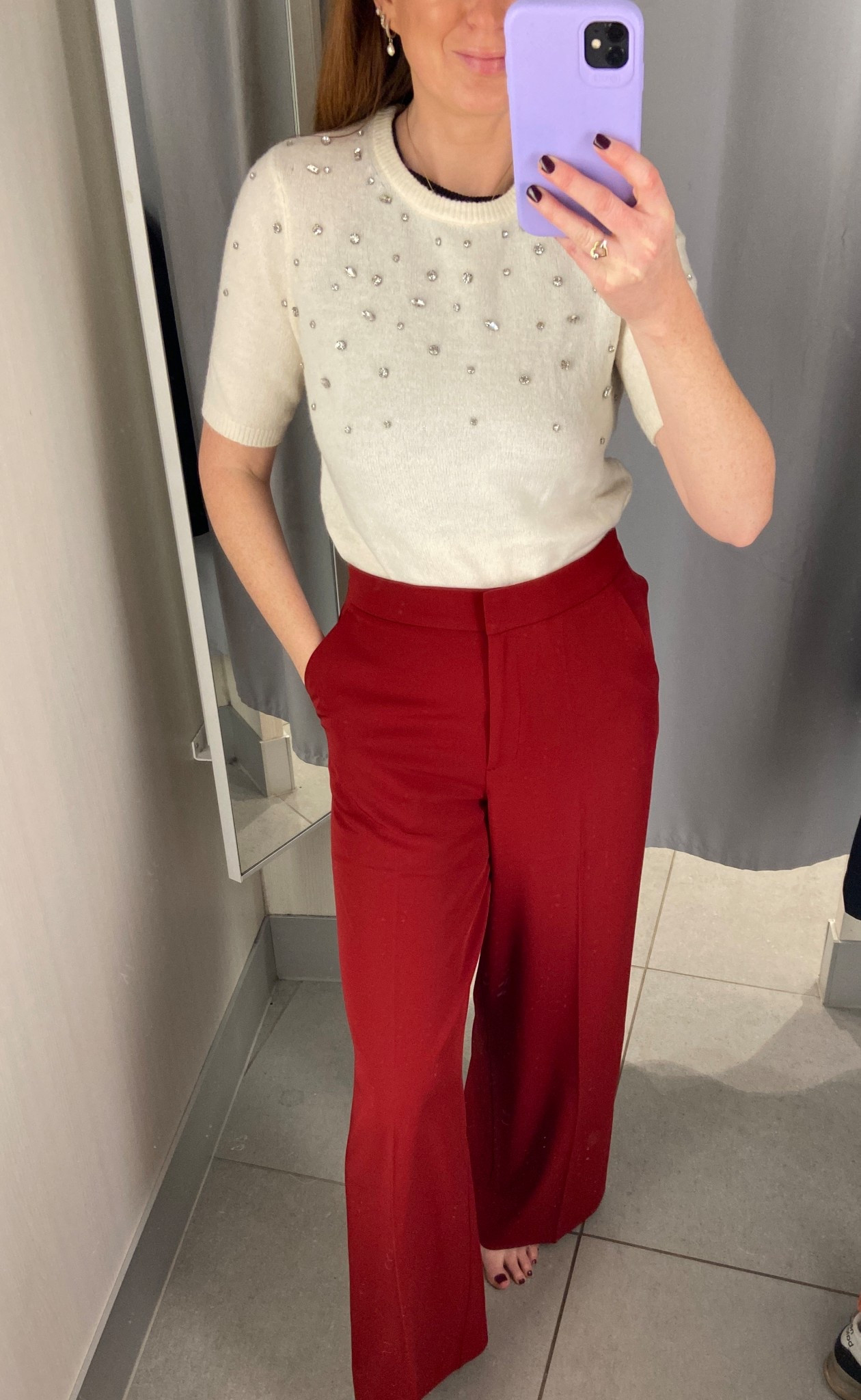 New in H&M Partywear ✨♥️🍸 Festive, chic and comfortable — embellished short-sleeve knit (wearing XS) paired with red tuxedo trousers (size 8). Perfect for the office party, Christmas cocktails or Christmas dinner. 

#LTKuk #LTKpartywear #LTKfestive