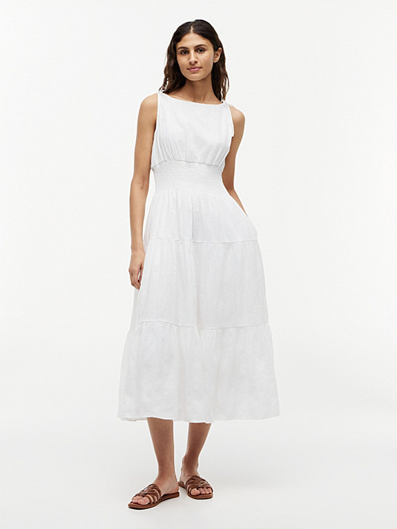 Self-Tie Strap Smock Midi Dress | White | Tommy Hilfiger | Tommy Hilfiger UK