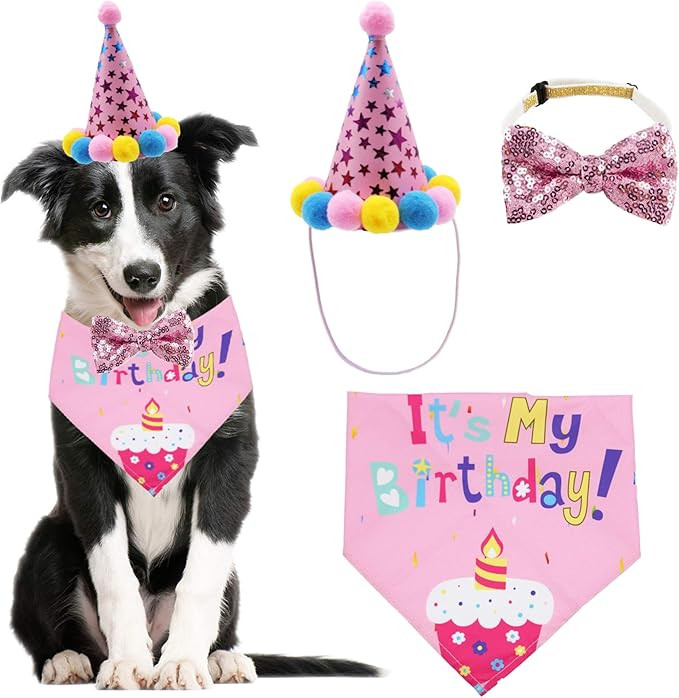 ADOGGYGO Dog Birthday Bandana Scarf and Dog Girl Boy Birthday Party Hat with Cute Dog Bow Tie for... | Amazon (US)