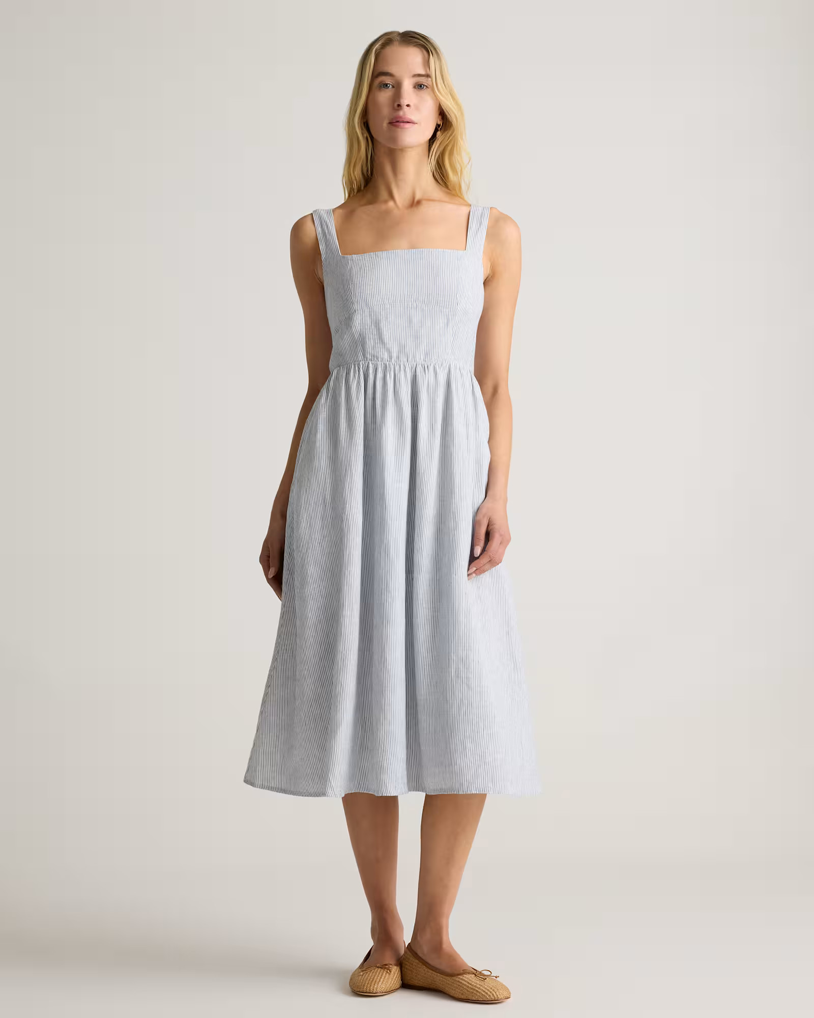 100% European Linen Fit & Flare Midi Dress in Blue Pinstripe | Quince