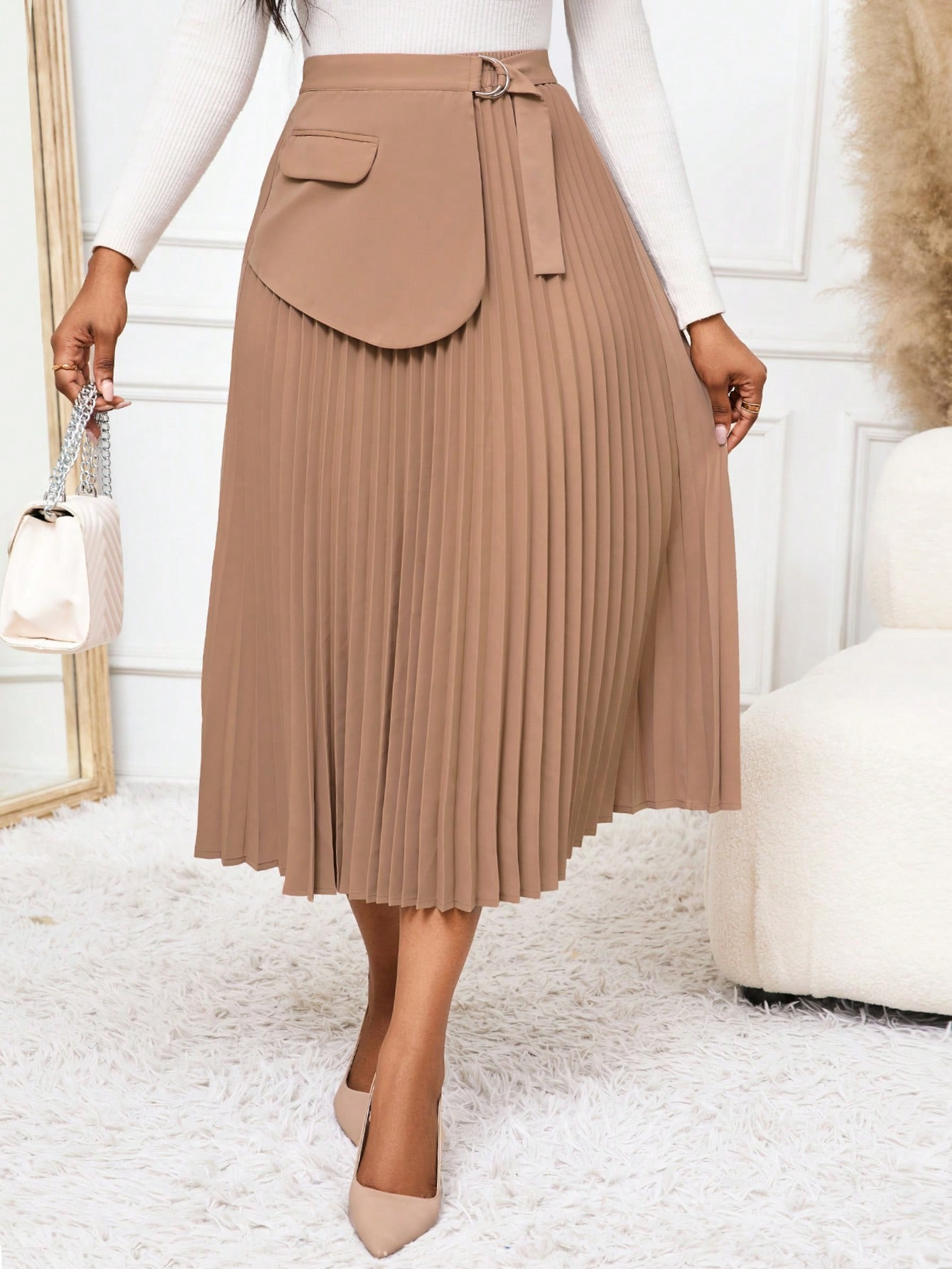 SHEIN Lady Khaki Pleated Suit For Women, Elegant Long Skirt Khaki Skirt Teacher Clothes Women Vin... | SHEIN