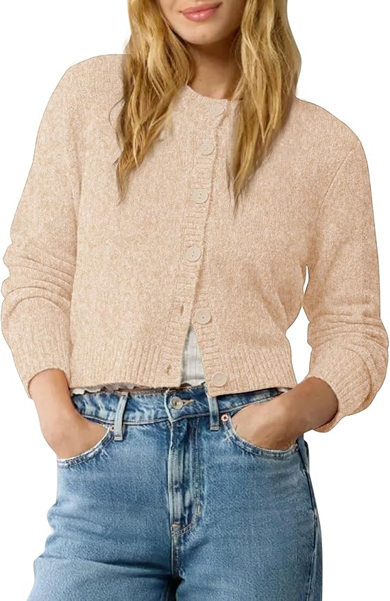 Urban CoCo Women's Crew Neck Cropped Cardigan Sweaters Long Sleeve Open Front Button Down Shrug S... | Amazon (US)