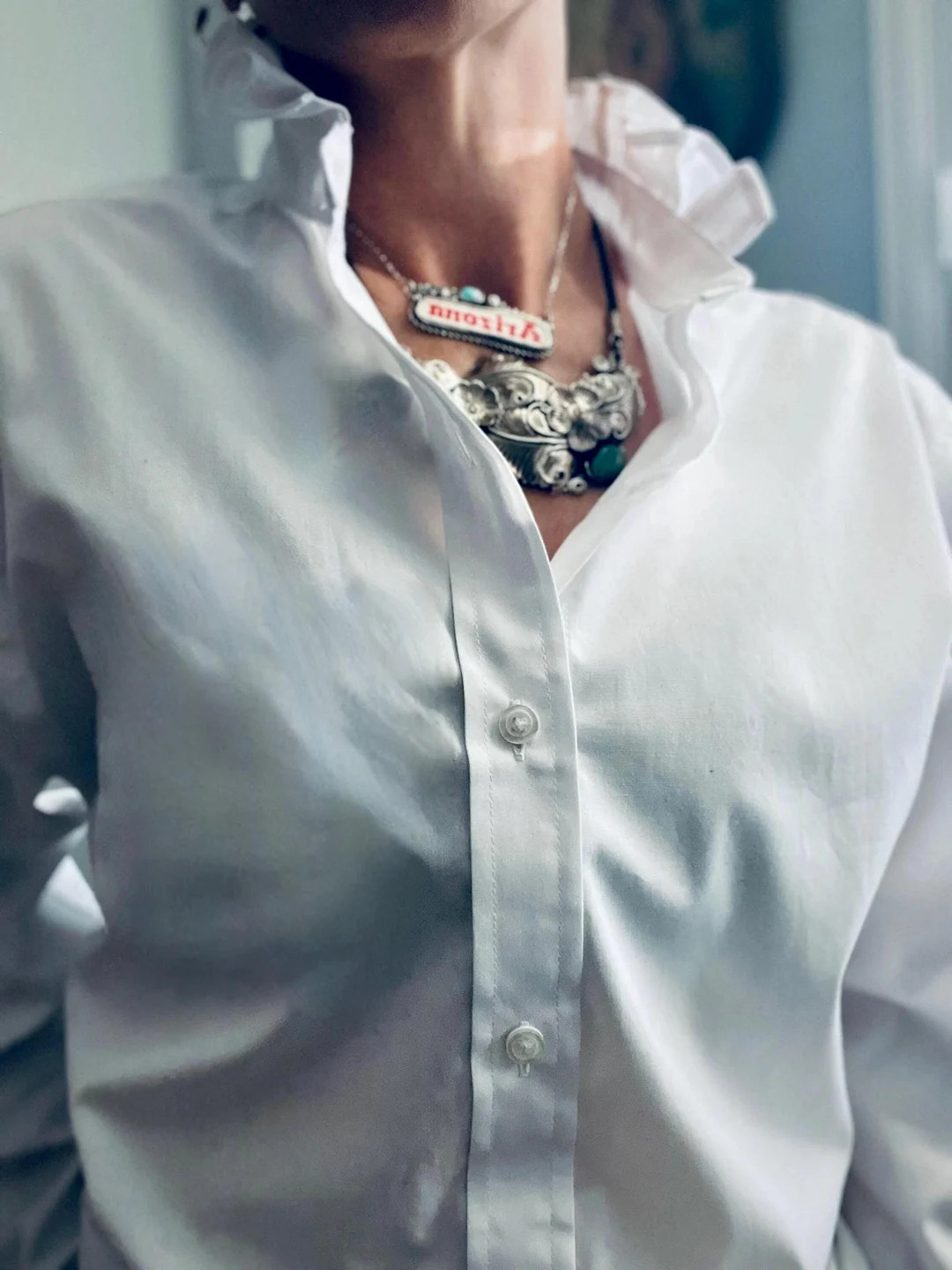 Ruffle Collar Reworked Shirt: Elegant Cotton Blend Button-Down | Etsy (US)