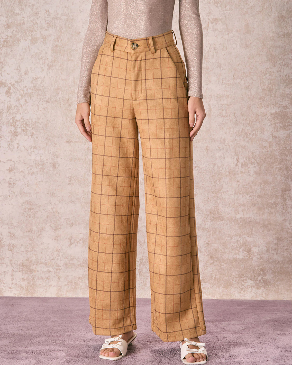 The Khaki High Waisted Plaid Wide Leg Pants & Reviews - Khaki - Bottoms | RIHOAS | rihoas.com