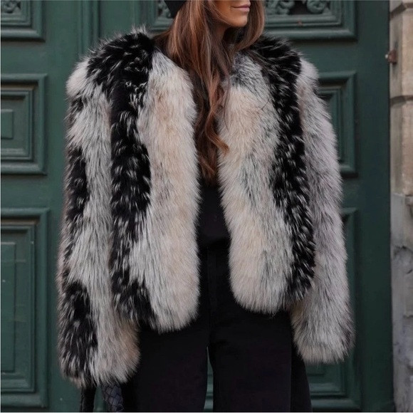 Zara Black and White Faux Fur Coat | Poshmark