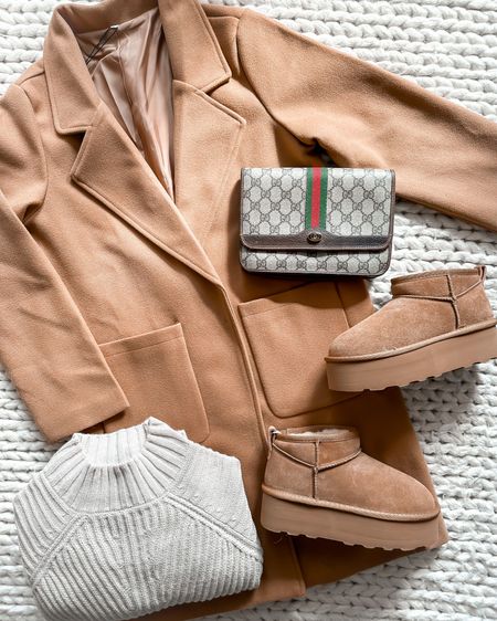 Gucci bag
Platform Ugg dupes 
Sweater dress 
Tan coat

#LTKunder100 #LTKSeasonal #LTKFind
