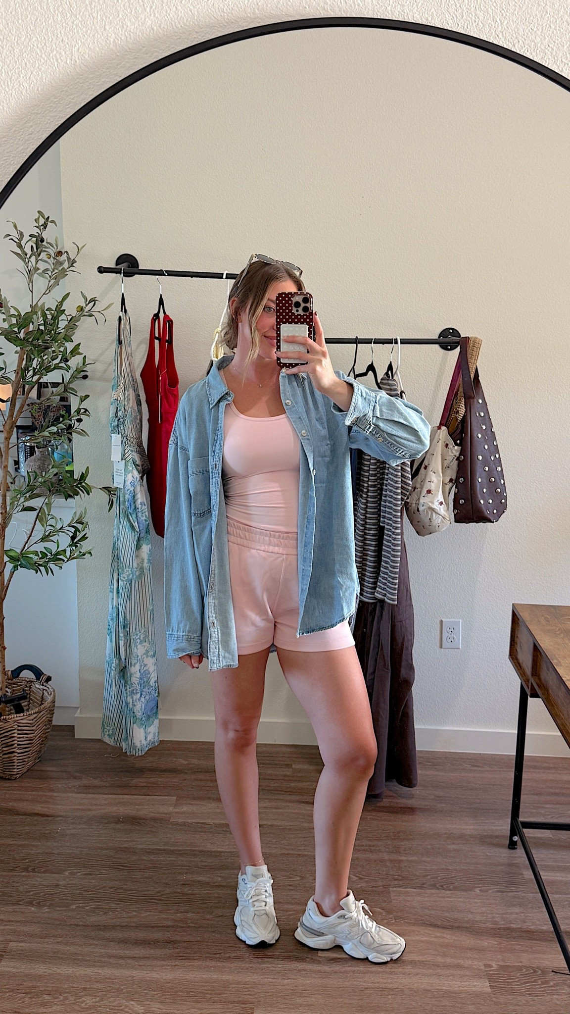 Matching two piece set for summer and the best denim button down top! I’m wearing a small in pink top medium in shorts & medium in jacket