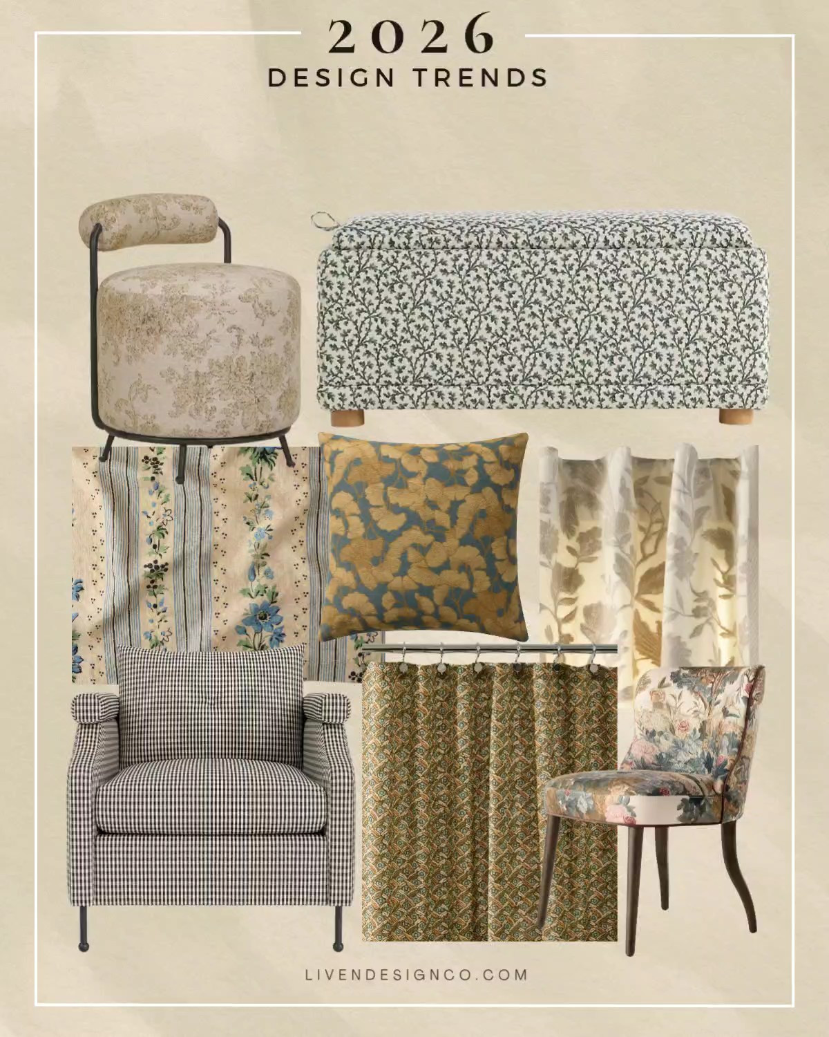 Interior design trends 2026. Patterned furniture. Floral upholstered chair. Upholstered ottoman. Accent chair. Living room. Checkered. Shower curtain. Floral patterned curtains. Drapery. Floral pillow. Throw pillow. Tablecloth. Accent stool

#LTKSeasonal #LTKHome #LTKFindsUnder100